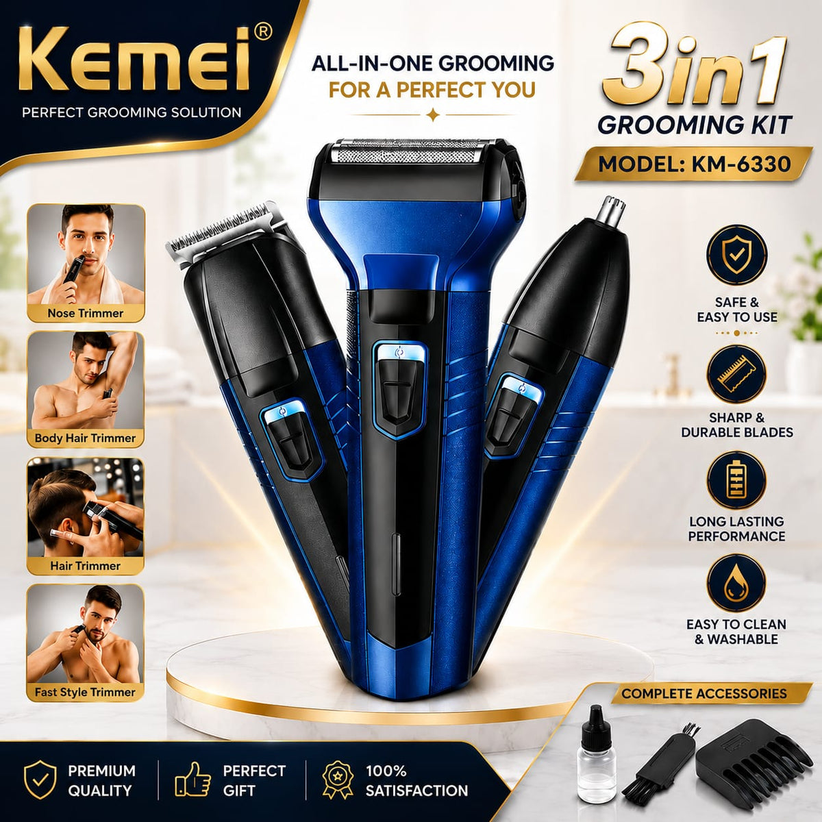 Kemei KM-6330 3-in-1 Grooming Kit – Hair, Body & Nose Trimmer