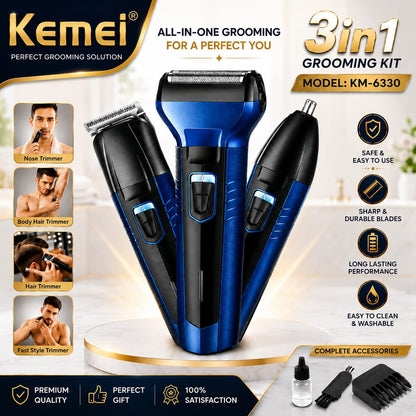 Kemei KM-6330 3-in-1 Grooming Kit – Hair, Body & Nose Trimmer