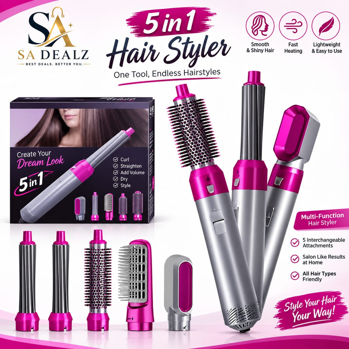 5 in 1 Hair Styler – Dryer, Straightener, Curler & Volumizer with 5 Attachments