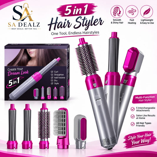 5 in 1 Hair Styler – Dryer, Straightener, Curler & Volumizer with 5 Attachments