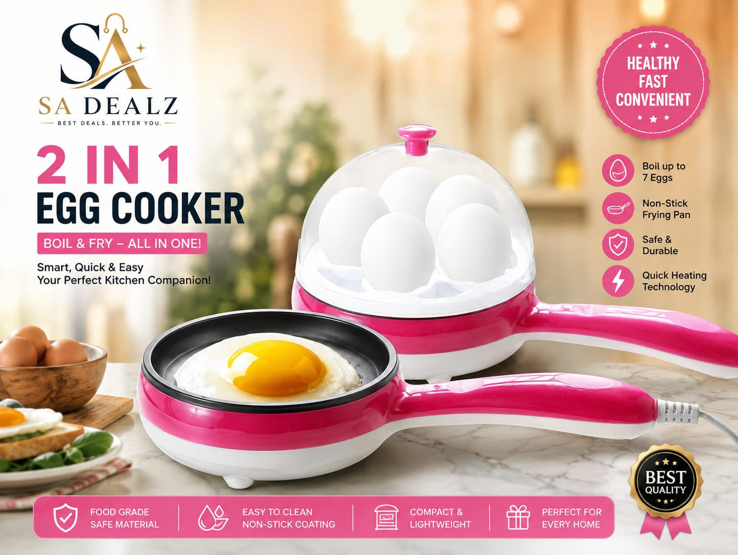 2-in-1 Egg Cooker – Boil & Fry Eggs Easily! Non-stick frying pan, egg-boiling section, and quick-heating design