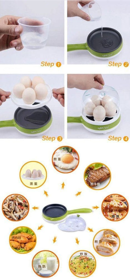 2-in-1 Egg Cooker – Boil & Fry Eggs Easily! Non-stick frying pan, egg-boiling section, and quick-heating design
