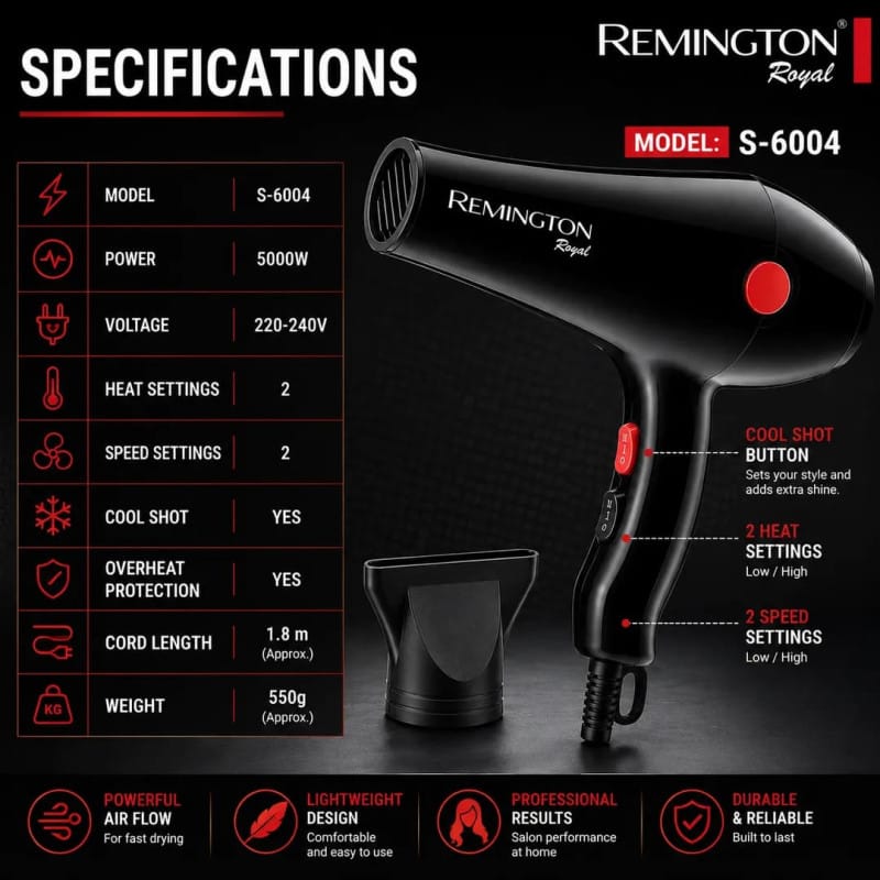 Remington Royal S-6004 Hair Dryer – 5000W Powerful & Fast Drying