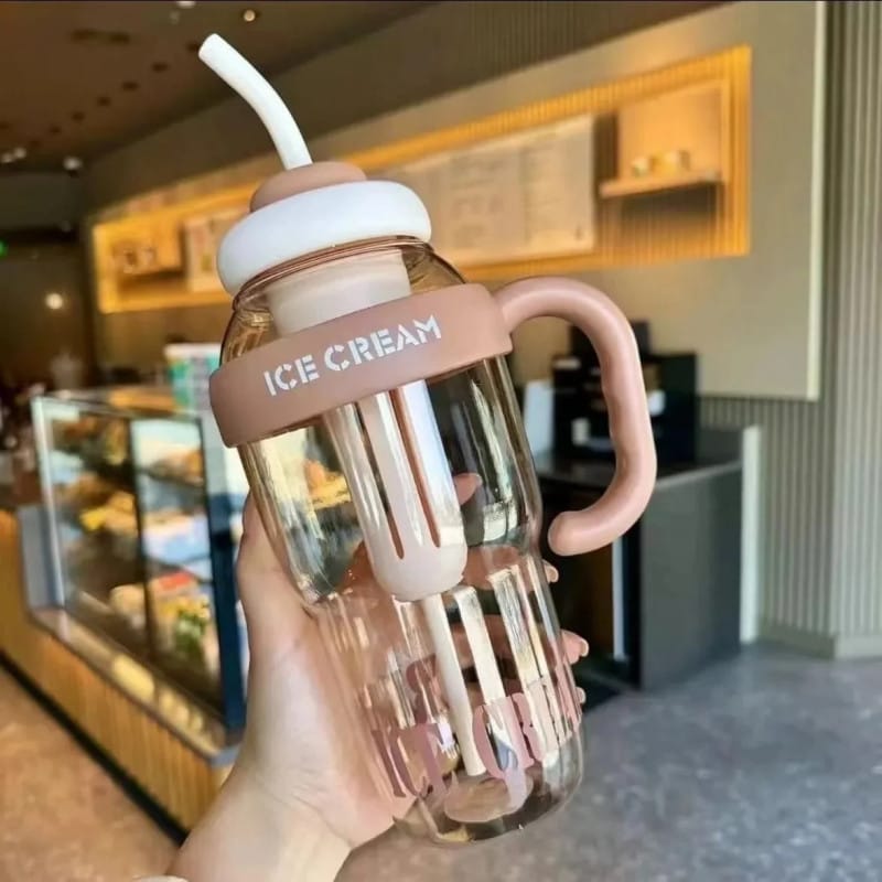 Cute Ice Cream Water Bottle with Straw & Handle – Leak Proof Hydration Bottle
