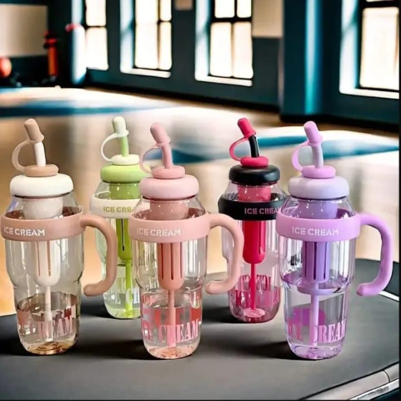 Cute Ice Cream Water Bottle with Straw & Handle – Leak Proof Hydration Bottle